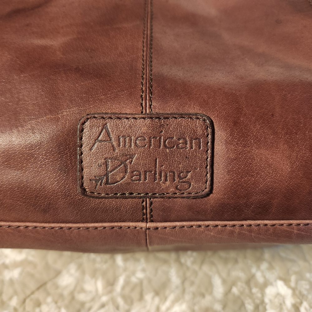 American Darling Scalloped Tooled Leather Buckstitch Cowhide Tote - Picture 4 of 11